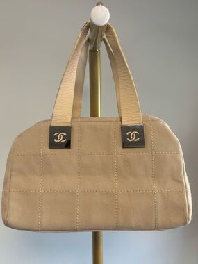 Chanel Quilted Canvas Chocolate Bar Mini Boston Bag Beige CC Logo Top Handle